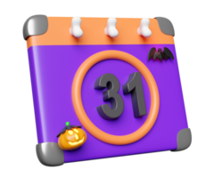 Halloween Datum mit Kalender, Kürbis Laterne, Schläger, Skelett isoliert. 3d machen Illustration png