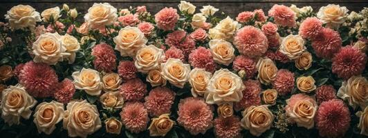 Artificial Flowers Wall for Background in vintage style. AI generated photo