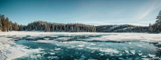 Blue ice and cracks on the surface of the ice. Frozen lake under a blue sky in the winter. The hills of pines. Winter. Carpathian, Ukraine, Europe.. AI generated photo