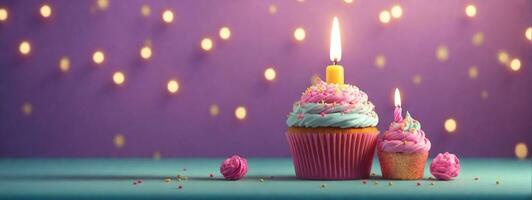 Birthday Cupcake With One Candle. AI generated photo