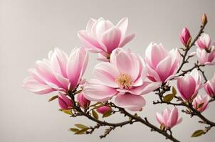 Pink spring magnolia flowers branch. AI generated photo