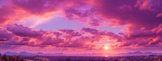 panorámico ver de un rosado y púrpura cielo a puesta de sol. cielo panorama fondo.. ai generado foto