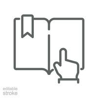 libro hacer clic vector icono, hacer clic en en línea libro símbolo. abierto estudiar y leyendo literatura con mano puntero. contorno logo pictograma editable carrera vector ilustración diseño en blanco antecedentes. eps 10