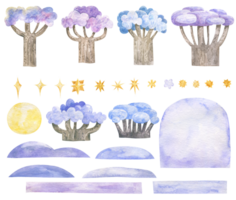 vattenfärg uppsättning med snöig träd och buskar, blå kullar, Sol och gyllene moln. söt barnslig vattenfärg ClipArt för skapa landskap, vägg målning, vykort png