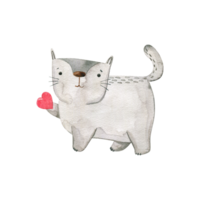 grey cat hold a red heart on his paw . Cute watercolor isolated illustration png