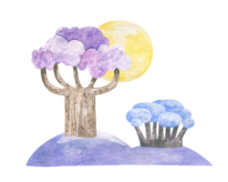 watercolor composition with violet crown tree and blue bush, yellow sun. Isolated illustration png