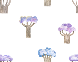 naadloos patroon met besneeuwd bomen. blauw en paars kroon boom png
