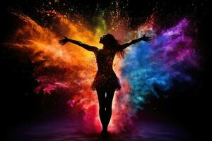 Silhouette of a beautiful young woman dancing against colorful powder background, Colorful explosion of color powder with a silhouette of a dancing woman, AI Generated photo