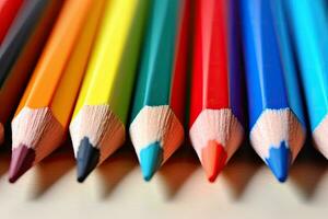 Colorful pencils on grey background, closeup. School supplies, Colored pencils in a row, close-up, macro, AI Generated photo