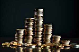 Stacks of coins on black background, business and finance concept, Coffee beans close-up, can be used as a background, AI Generated photo