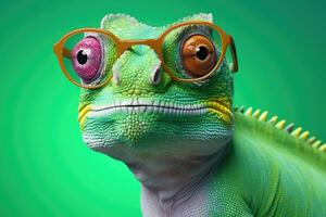 Portrait of a chameleon wearing glasses on a green background, Colorful chameleon wearing glasses on green background. 3D rendering, AI Generated photo