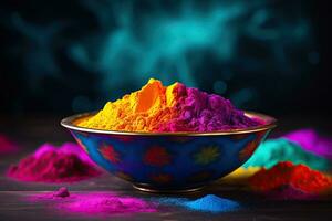 Colorful holi powder in bowl on wooden table, close up, Colorful holi powder in bowl on dark background, panoramic shot, AI Generated photo