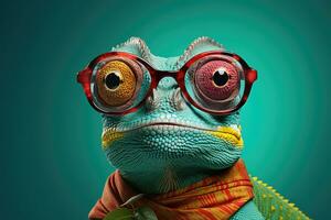 Funny chameleon wearing glasses. Funny chameleon, Colorful chameleon wearing glasses on green background. 3D rendering, AI Generated photo