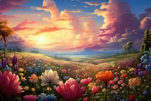 Beautiful fantasy landscape with meadow and flowers. Digital painting, Colorful flower garden and beautiful sky landscape, AI Generated photo