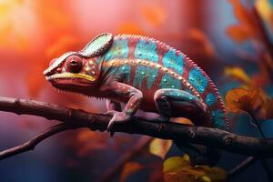 Colorful chameleon on the branch in the forest at night, Colorful chameleon on a branch over blurred nature background, AI Generated photo