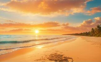 tropical beach with palm trees and sunset photo