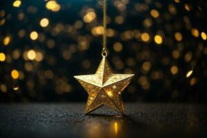 Gold star light hanging on dark background. AI generated photo