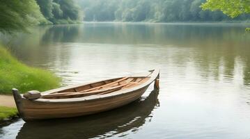 A Captivating Image of a Weathered Wooden Boat Gently Adrift on the Still Waters of a Tranquil River, Surrounded by Nature's Peace and Reflections. AI Generated photo