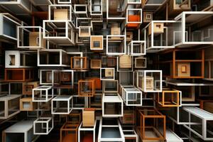 Abstract architectural background made of wooden cubes. 3D render illustration. nested boxes, The boxes are interconnected by tubes, AI Generated photo