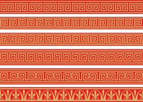 Set of vector seamless greek classic ornament. Pattern for a border and a frame. Ancient Greece and the Roman Empire. Endless gold with red meander