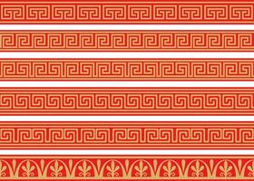 Set of vector seamless greek classic ornament. Pattern for a border and a frame. Ancient Greece and the Roman Empire. Endless gold with red meander