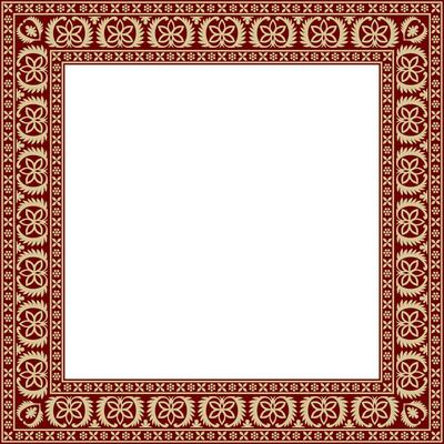 Vector square gold with red Indian national ornament. Ethnic plant border. Flowers frame. Poppies and leaves..