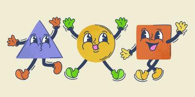 Vector collection of basic geometric shapes with faces, arms and legs. Retro cartoon characters