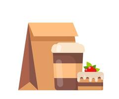 café para llevar y pastel. comida rápida, café para llevar, desayuno. ilustración vectorial en estilo plano. vector
