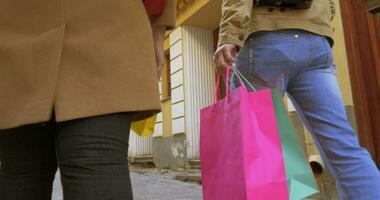 posteriore Visualizza di coppia nel vacanza shopping con shopping borse video