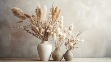 Beautiful and delicate bouquet of dried flowers in interior. Scandinavian style photo