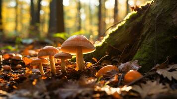 hongos en el bosque. de cerca foto de un seta debajo otoño hojas