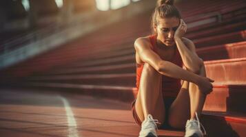 Sports injury concept. Athletic girl feeling pain in her leg. Pain after a run photo