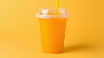 naranja jugo en taza. el plastico taza de naranja bebida natural jugo o batidos foto