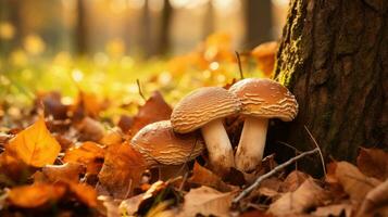 Mushrooms in the forest. Close-up photo of a mushroom under autumn leaves
