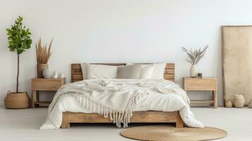 Modern bedroom with white walls, mirror in rustic, boho and scandinavian style photo