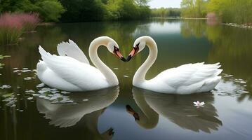 un cautivador instantánea de dos agraciado cisnes deslizamiento tranquilamente a través de un claro como el cristal estanque. ai generado foto