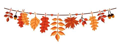 Autumn leaves, acorns and berries hanging on a string. Colorful fall seasonal garland. vector