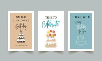 Set of lovely birthday greeting cards and invitation cards with cake, balloons, and typography design vector