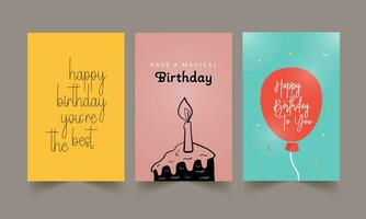 cumpleaños saludo tarjetas y invitación tarjetas con pastel, globos, y tipografía diseño conjunto vector