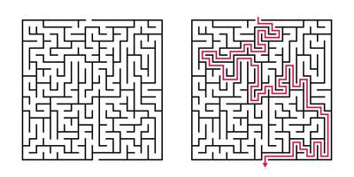 Vector Square Maze - Labyrinth with Included Solution in Black Red. Funny Educational Mind Game for Coordination, Problems Solving, Decision Making Skills Test.