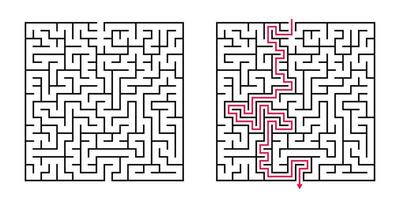 Vector Square Maze - Labyrinth with Included Solution in Black Red. Funny Educational Mind Game for Coordination, Problems Solving, Decision Making Skills Test.