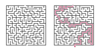 Vector Square Maze - Labyrinth with Included Solution in Black Red. Funny Educational Mind Game for Coordination, Problems Solving, Decision Making Skills Test.