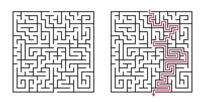 Vector Square Maze - Labyrinth with Included Solution in Black Red. Funny Educational Mind Game for Coordination, Problems Solving, Decision Making Skills Test.