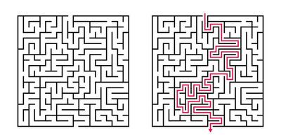 Vector Square Maze - Labyrinth with Included Solution in Black Red. Funny Educational Mind Game for Coordination, Problems Solving, Decision Making Skills Test.