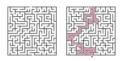 Vector Square Maze - Labyrinth with Included Solution in Black Red. Funny Educational Mind Game for Coordination, Problems Solving, Decision Making Skills Test.