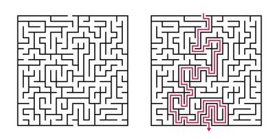 Vector Square Maze - Labyrinth with Included Solution in Black Red. Funny Educational Mind Game for Coordination, Problems Solving, Decision Making Skills Test.