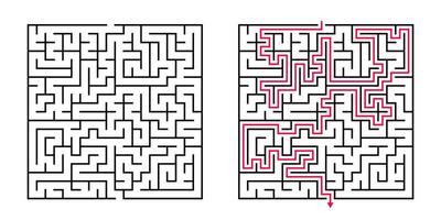 Vector Square Maze - Labyrinth with Included Solution in Black Red. Funny Educational Mind Game for Coordination, Problems Solving, Decision Making Skills Test.