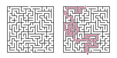 Vector Square Maze - Labyrinth with Included Solution in Black Red. Funny Educational Mind Game for Coordination, Problems Solving, Decision Making Skills Test.