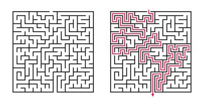 Vector Square Maze - Labyrinth with Included Solution in Black Red. Funny Educational Mind Game for Coordination, Problems Solving, Decision Making Skills Test.