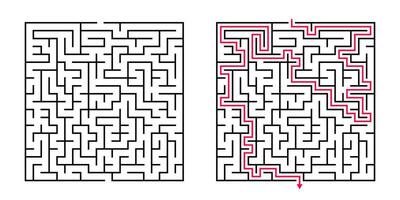 Vector Square Maze - Labyrinth with Included Solution in Black Red. Funny Educational Mind Game for Coordination, Problems Solving, Decision Making Skills Test.